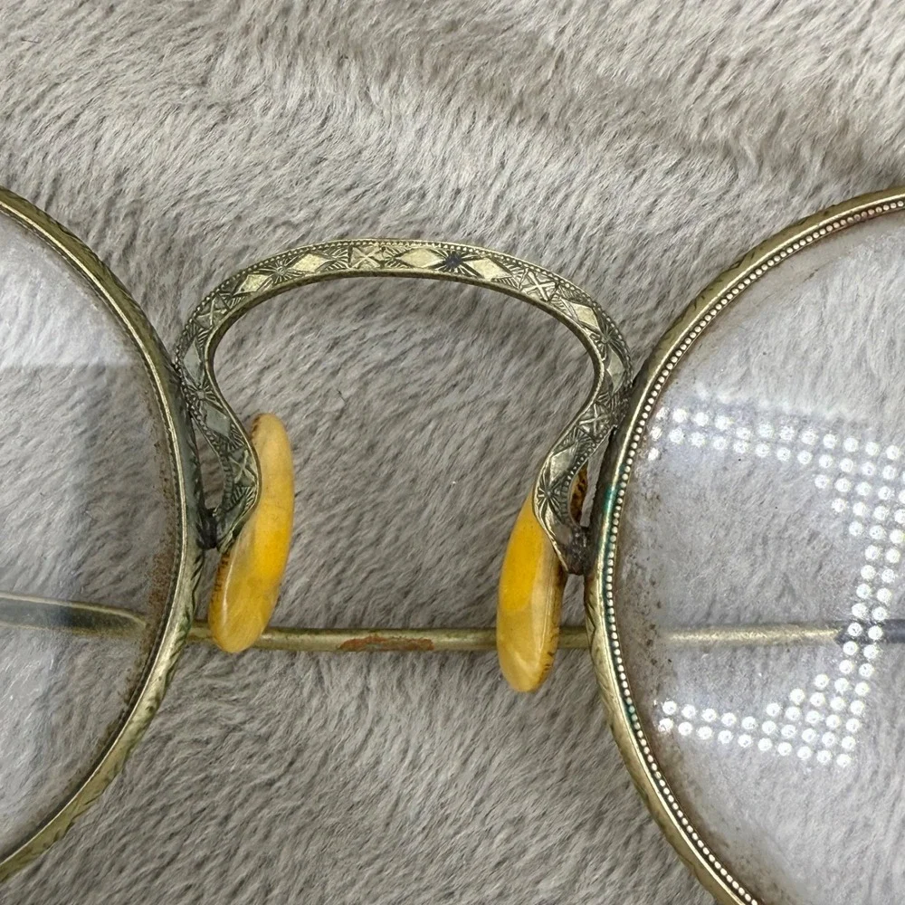 Vintage Wire Frame Glasses Gold Tone Art Deco Round Etched Bridge